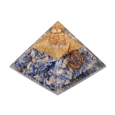 45 degree view of Orgone Pyramid by Energy Muse, with genuine Sodalite. crystal chips, Clear Quartz, and spiraled brass wire. 