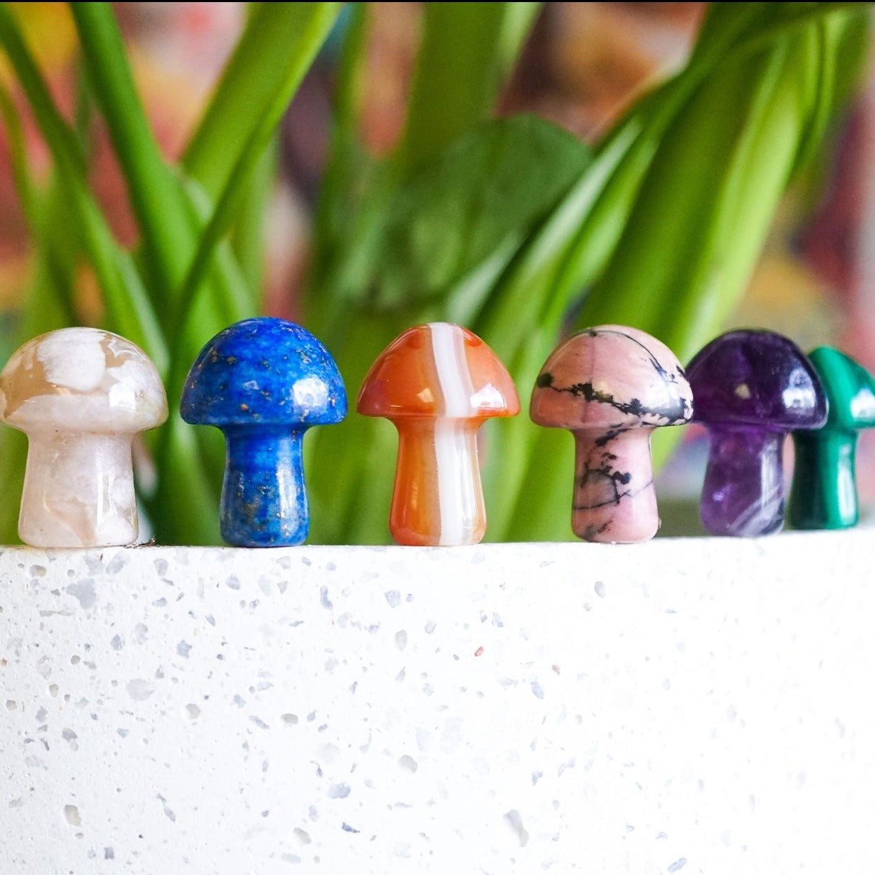 collection of 9 mini mushroom figurines created from natural crystals by Energy Muse