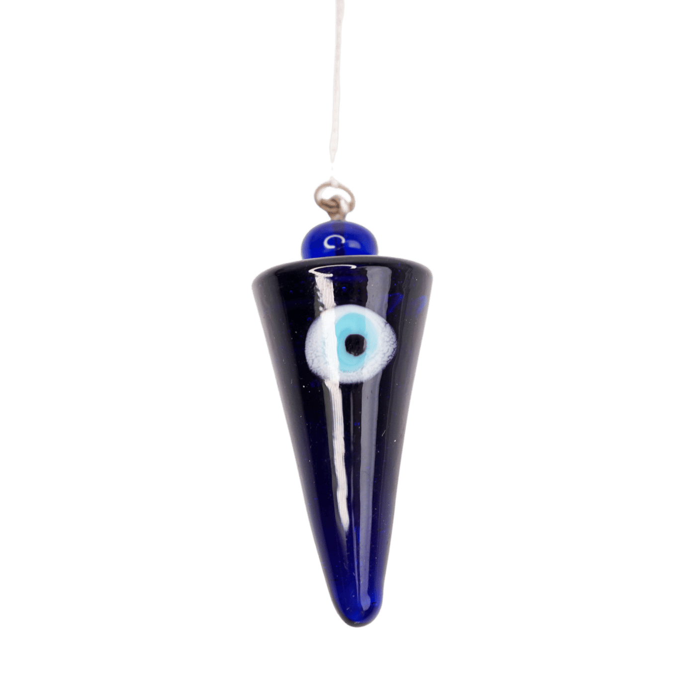 close up view of dark blue glass pointed pendulum with evil eye nazar on chain by Energy Muse 