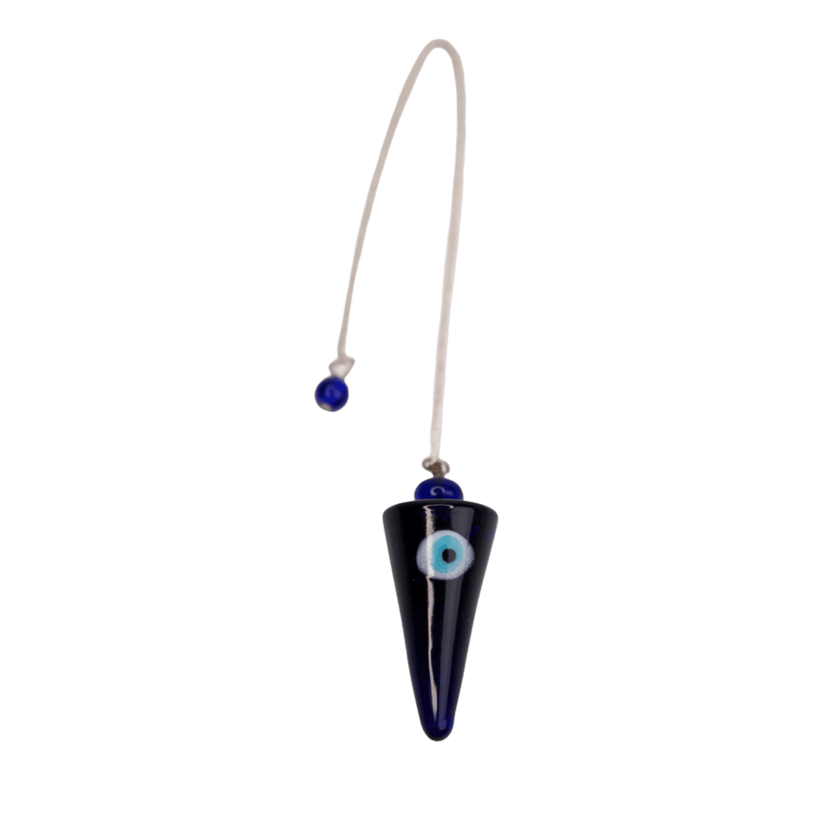 close up view of dark blue glass pointed pendulum with evil eye nazar on chain by Energy Muse 