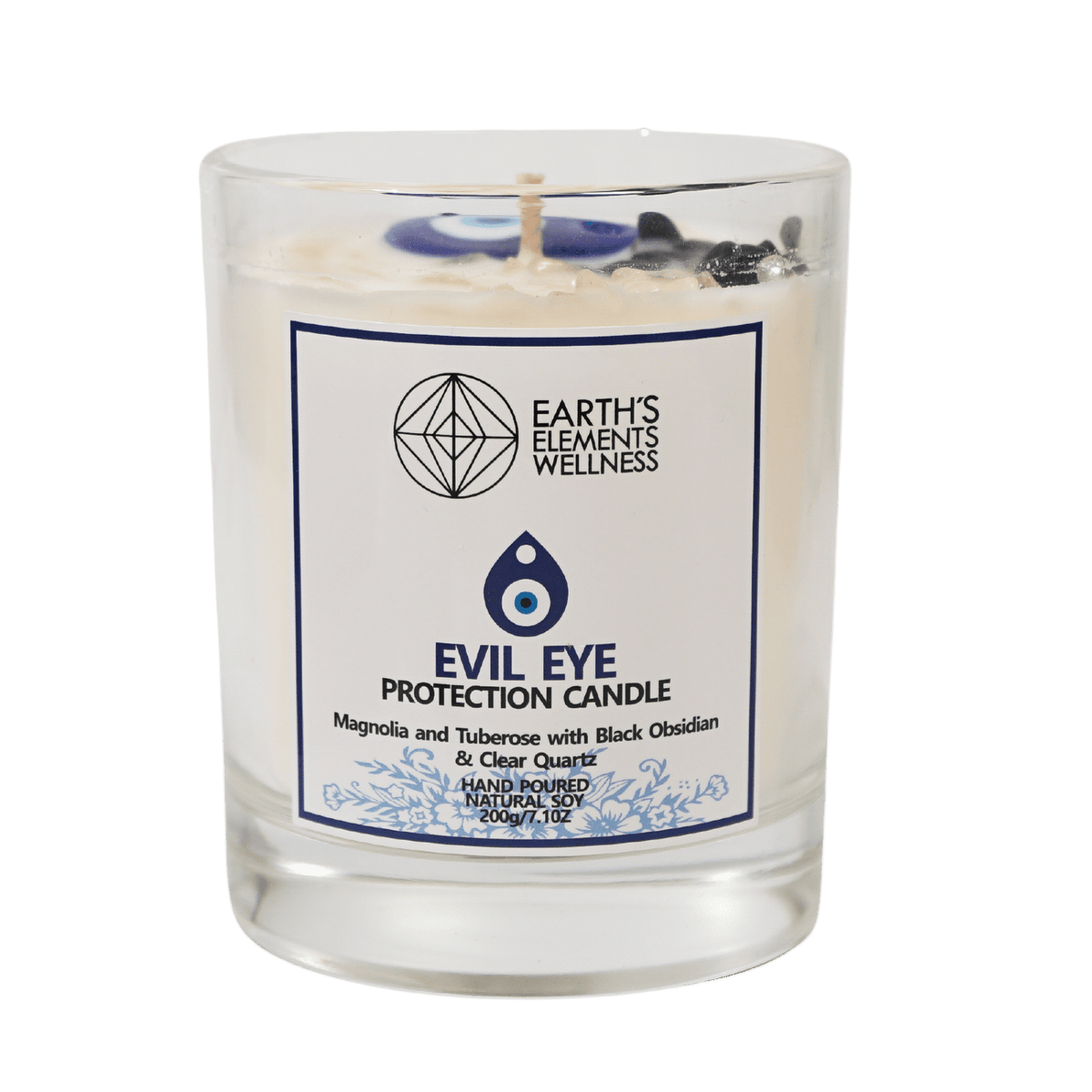 front view of Evil Eye candle with Black Obsidian, Clear Quartz and painted glass evil eye pendant by Energy Muse