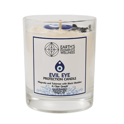 front view of Evil Eye candle with Black Obsidian, Clear Quartz and painted glass evil eye pendant by Energy Muse