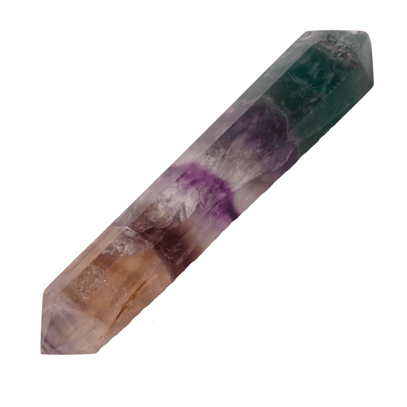 close up view of genuine Fluorite double terminated crystal wand point by Energy Muse with green, purple, and yellowish color gradients.
