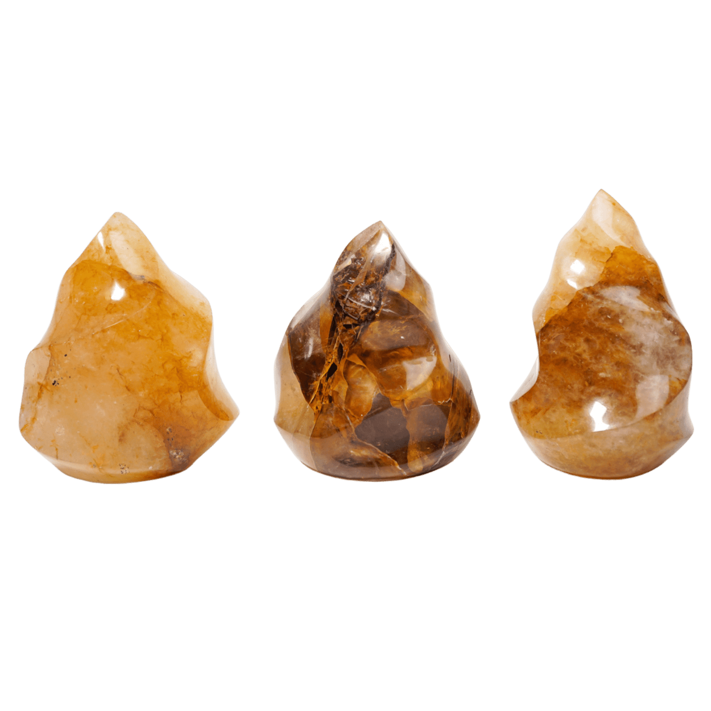 three varieties of natural golden healer quartz carved flame crystal by Energy Muse 
