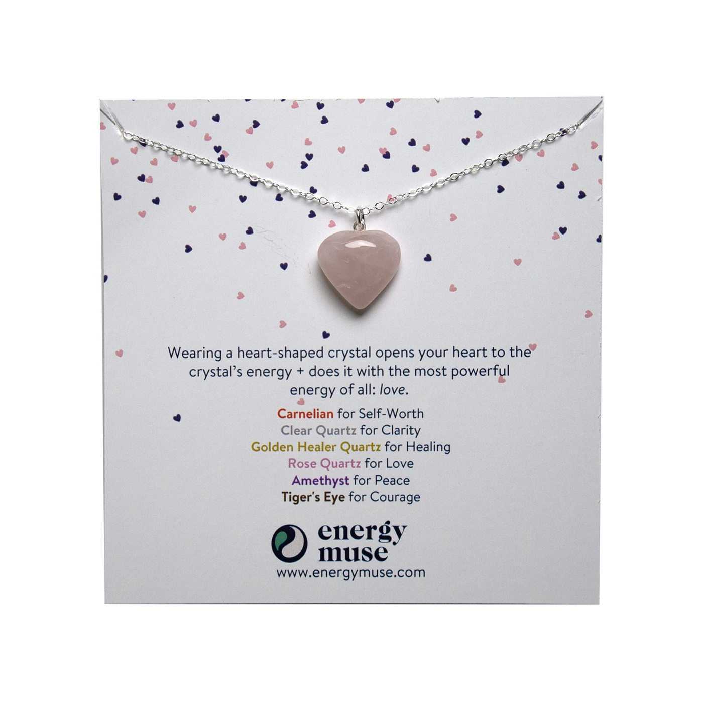 Genuine Rose Quartz heart-shaped crystal pendant necklace on silver polished chain by Energy Muse on product card
