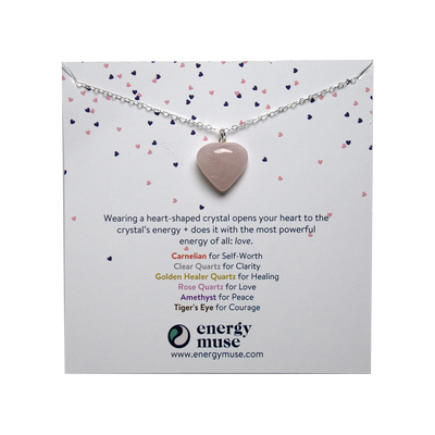 Genuine Rose Quartz heart-shaped crystal pendant necklace on silver polished chain by Energy Muse on product card