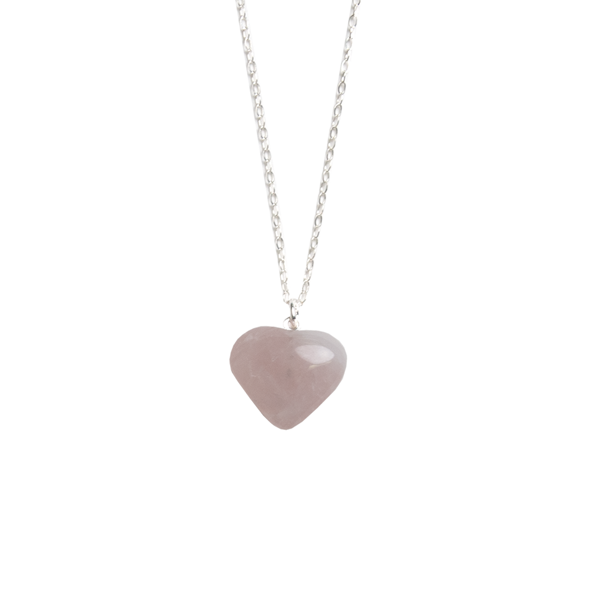 close up of genuine Rose Quartz heart-shaped crystal pendant necklace on silver polished chain by Energy Muse
