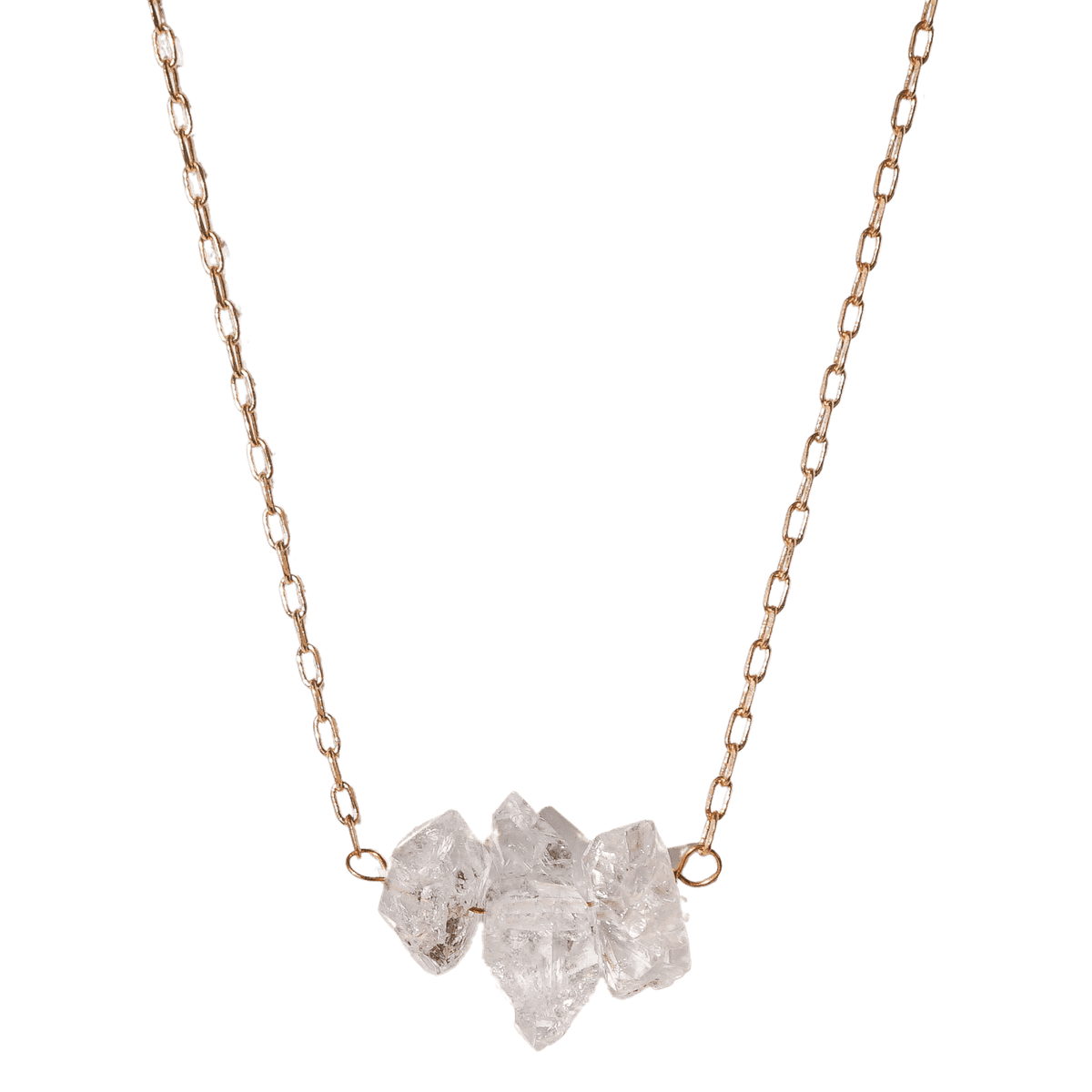 close up of 3 genuine Herkimer diamond gemstone necklace on gold-polished chain by Energy Muse