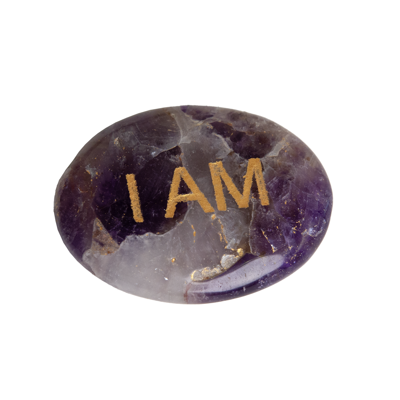 product view of Amethyst I AM Worry Stone with gold foil embossing by Energy Muse