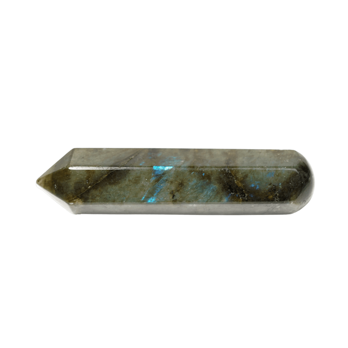genuine natural Labradorite massage wand with one rounded end and one pointed end and displaying flashes by Energy Muse