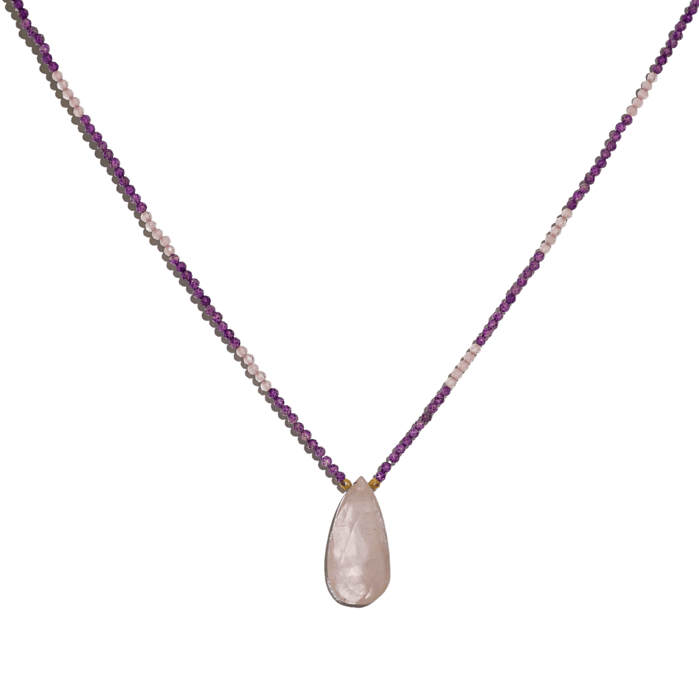 closeup of natural gemstone necklace with rose quart pendant and amethyst and rose quartz seed beads by energy muse