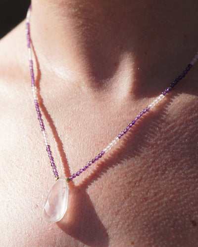 natural gemstone necklace with rose quart pendant and amethyst and rose quartz seed beads by energy muse