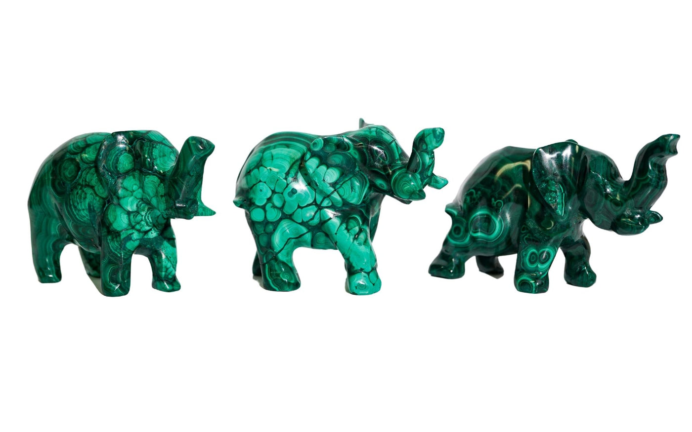 group of three genuine malachite elephant figurines with raised trunks for good luck by energy muse