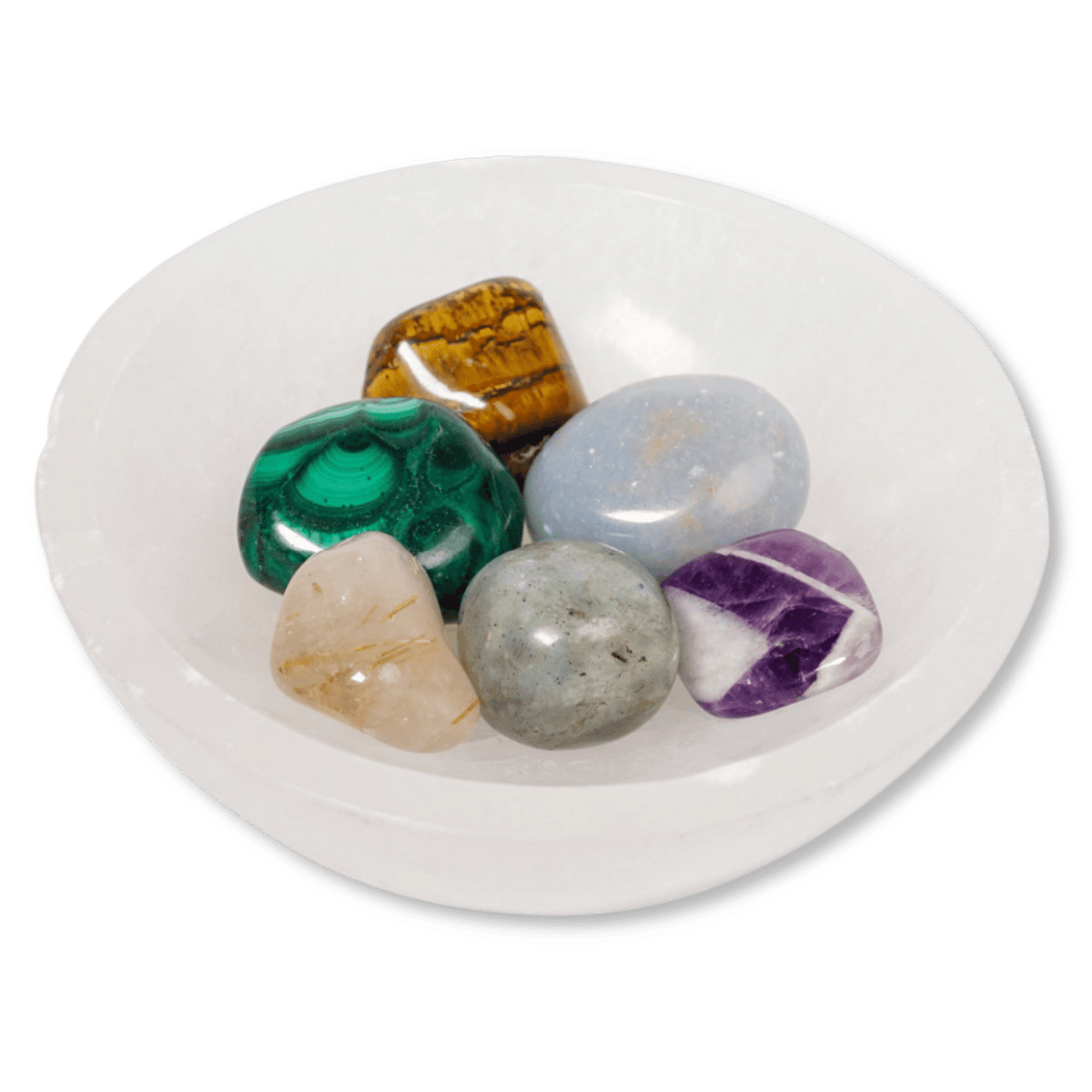 Miracle Crystal Bowl by Energy Muse featuring 6 tumbled stones in Selenite Bowl 