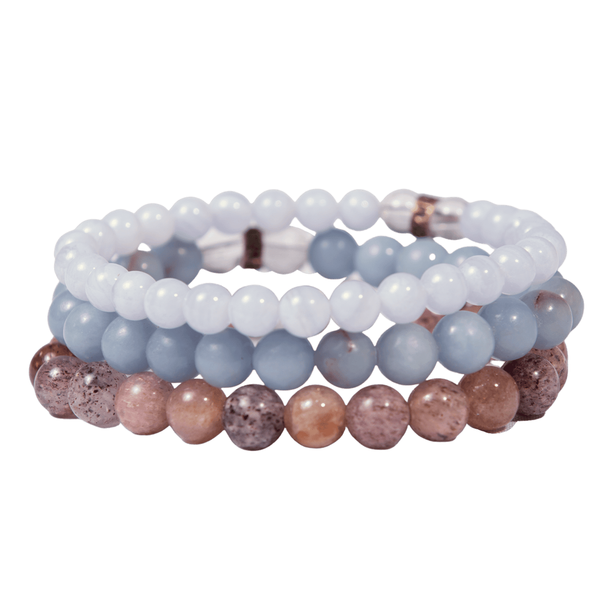 Product view of Miracle Maker Bracelet Set by Energy Muse featuring an Angelite elastic bracelet, Blue Lace Agate elastic bracelet and a Strawberry Quartz elastic bracelet. 