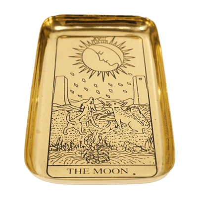 Angled brass offering tarot card tray by Energy Muse with Moon  Tarot card engraving on front by Energy Muse