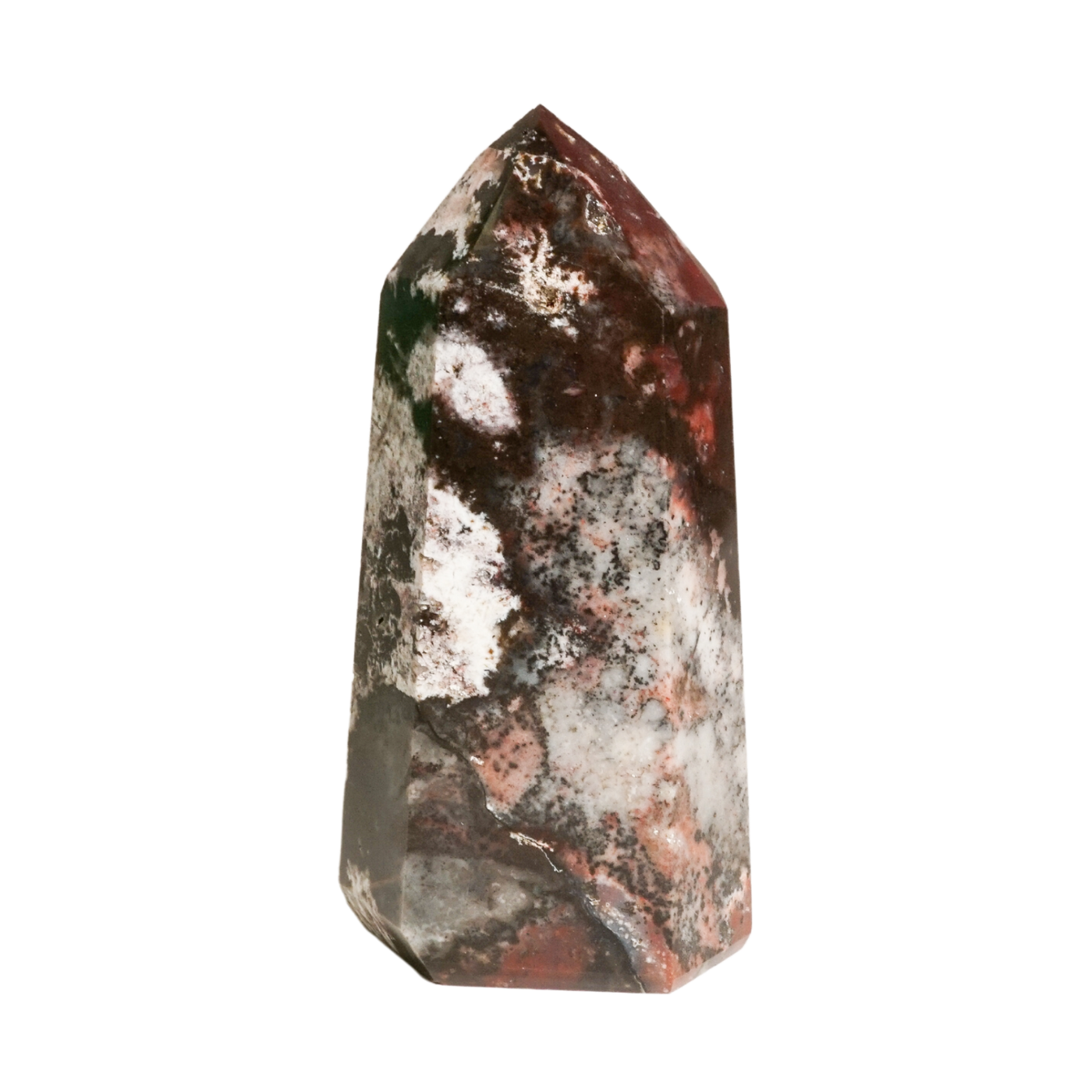 Closeup view of Energy Muse's genuine Mosaic Chalcedony healing crystal point displaying mottled and speckled irregular natural color pattern.