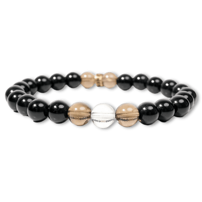 Moving Through It Bracelet by Energy Muse made with genuine Rainbow Obsidian beads, Smoky Quartz beads and a Clear Quartz bead.