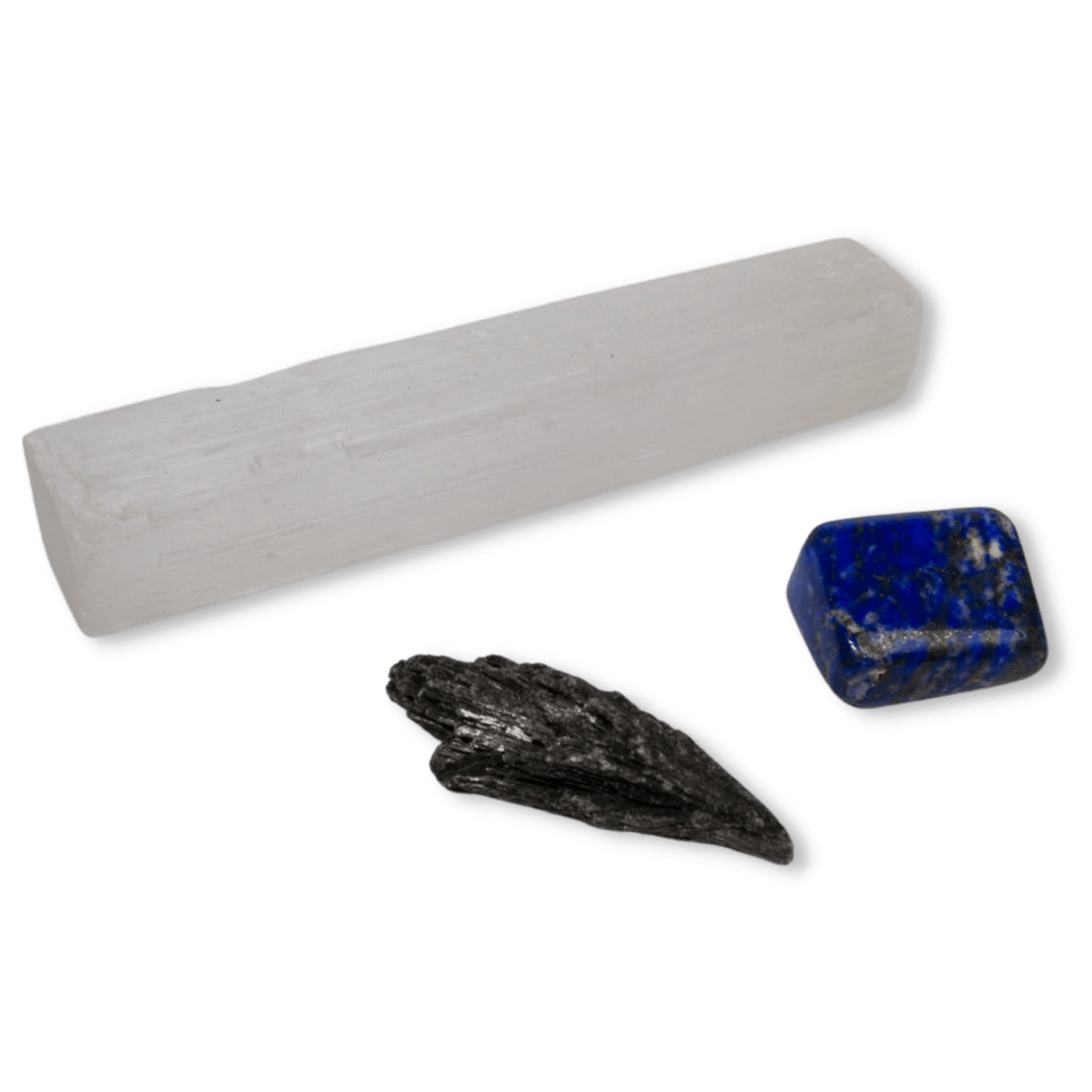 On-The-Go Protection Crystal Bundle comprising a Selenite (Satin spar) wand, Black Kyanite fan crystal and Lapis Lazuli tumbled stone by Energy Muse