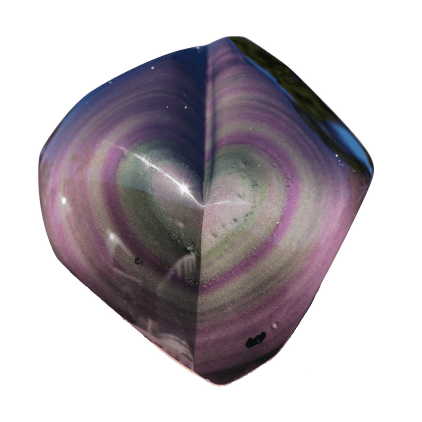 Displaying rainbow sheen of genuine half polished Rainbow Obsidian Heart Crystal by Energy Muse
