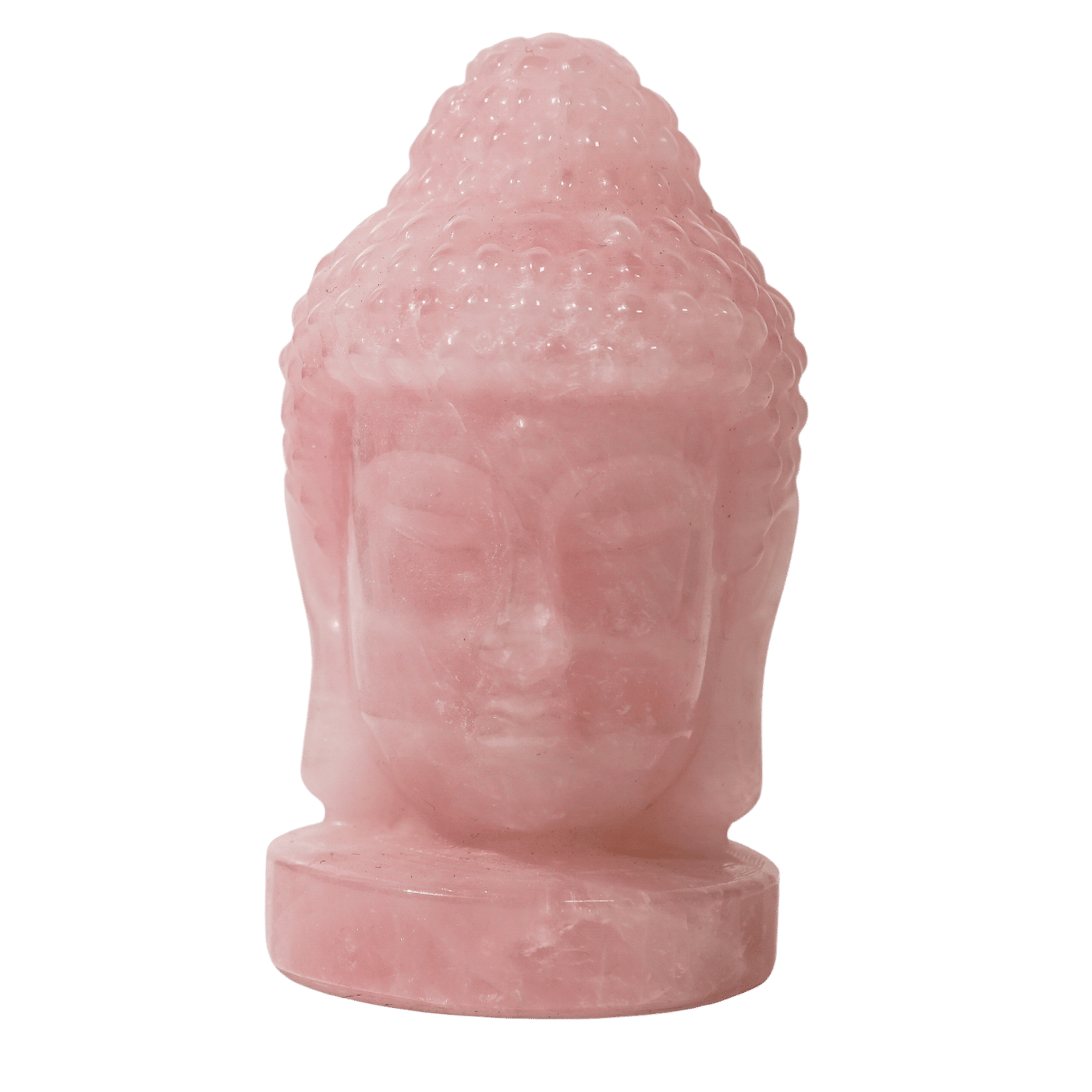front view of a genuine Rose Quartz crystal Buddha head carving statue by Energy Muse