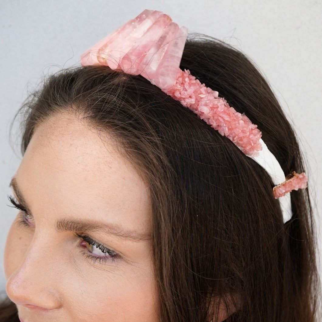 woman wearing handmade leather crown headband covered in genuine rose quartz point crystals and 2 rose quartz clips by Energy Muse