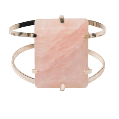 front view of genuine Rose Quartz statement bracelet cuff with adjustable silver-polished open metal body by Energy Muse