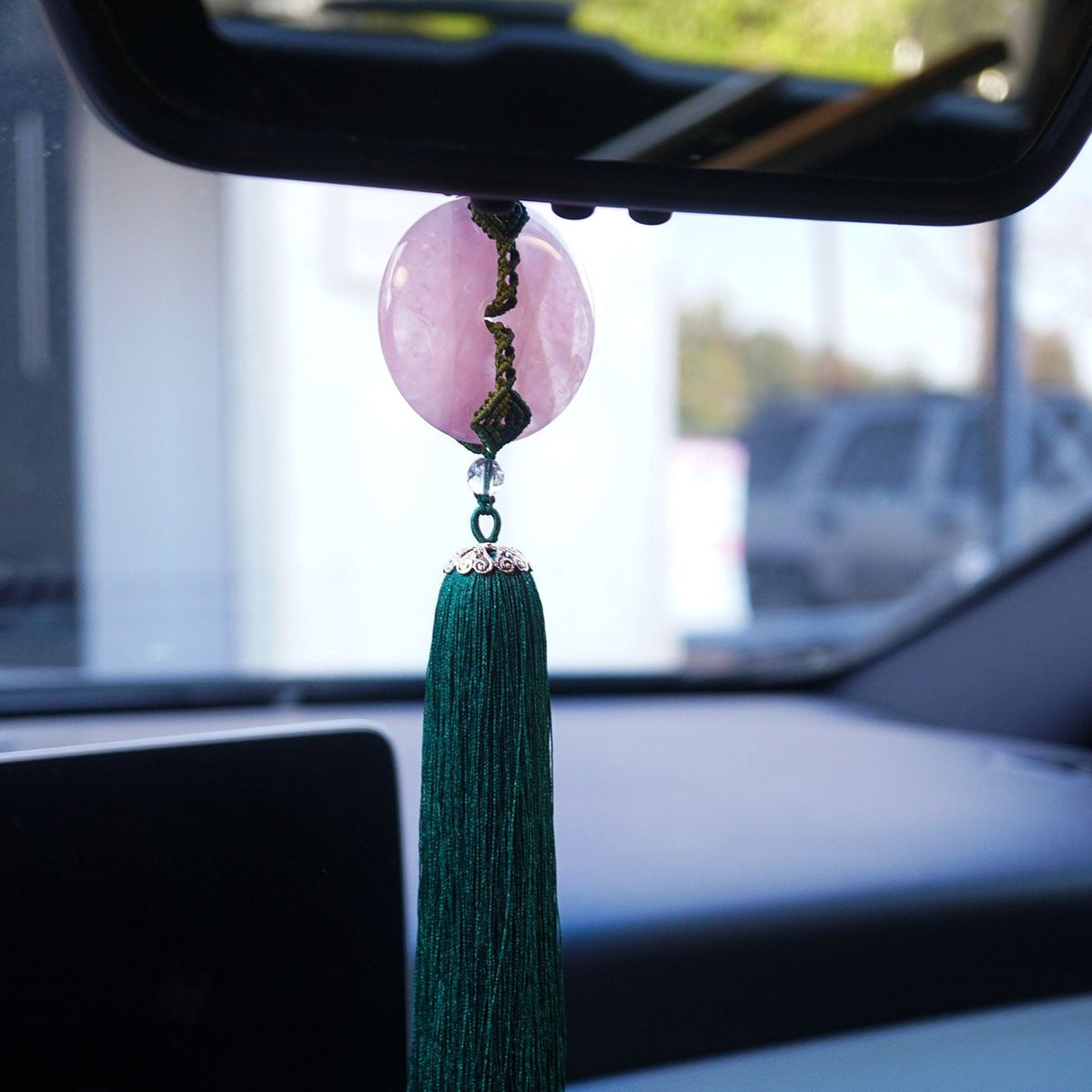 Green Tassel Rose Quartz Hanger