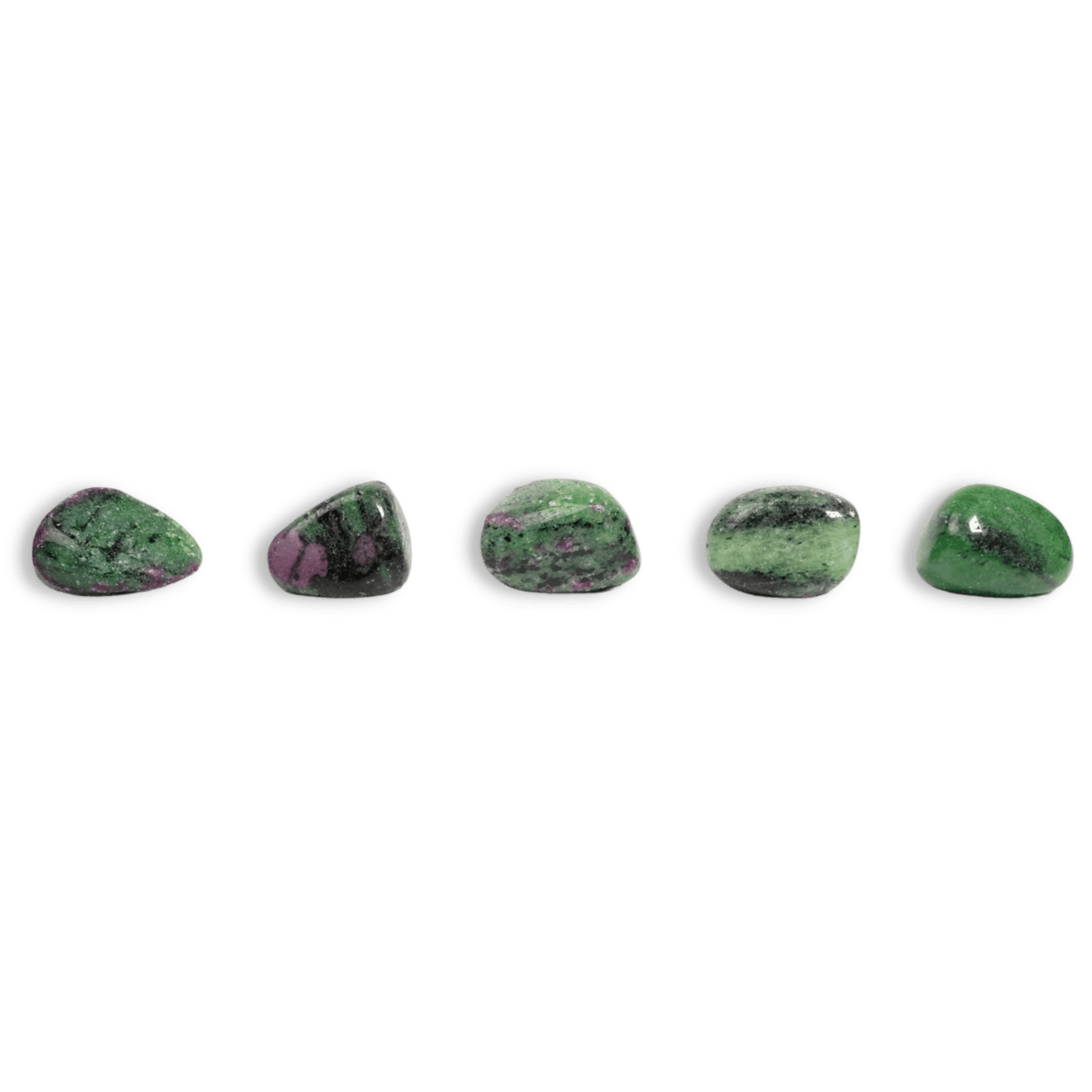 Selection of 5 genuine polished smooth Ruby Zoisite tumbled stones showing variation in coloration and pattern by Energy Muse