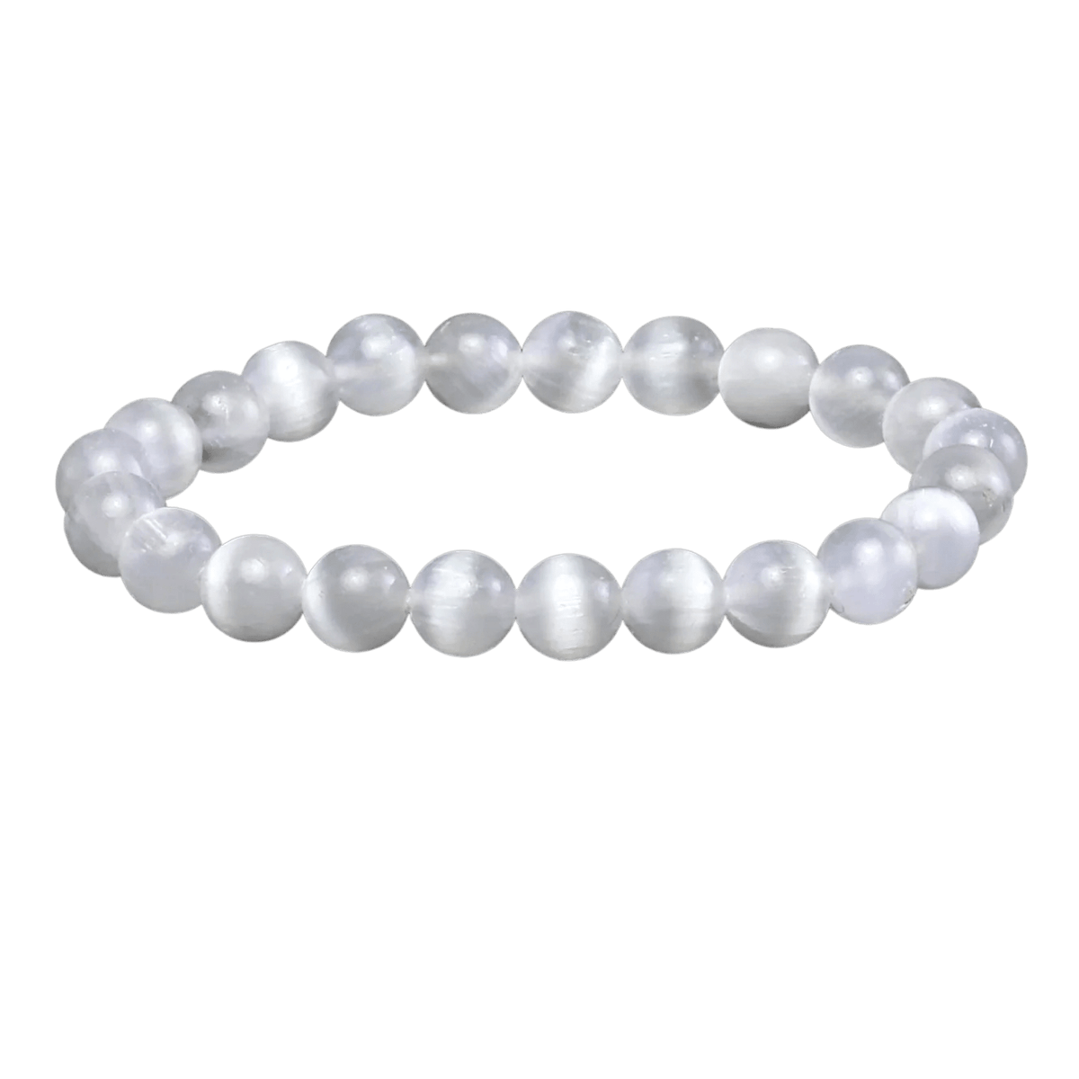 close up view of genuine Selenite stretch elastic bracelet by Energy Muse