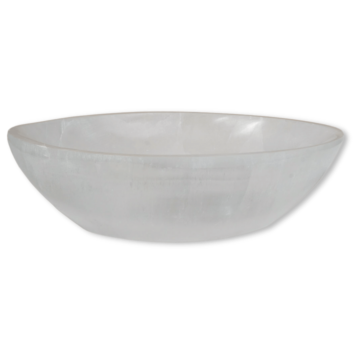 Side view of large satin spar Selenite Evil Eye oval charging bowl by Energy Muse