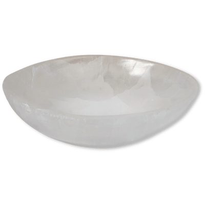 45-degree view of large satin spar Selenite Evil Eye oval charging bowl by Energy Muse