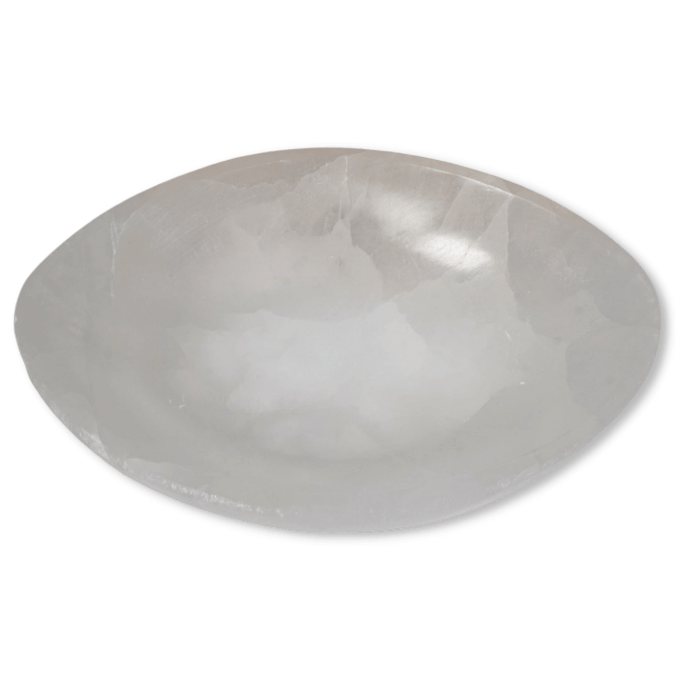 angled view of large Selenite oval evil eye charging bowl by Energy Muse