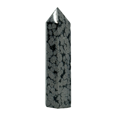 Closeup view of Snowflake Obsidian Tower Crystal Point by Energy Muse.