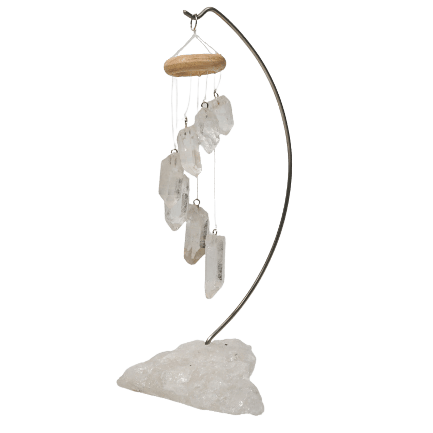 Closeup view of table top wind chime-style clear quartz mobile with raw clear quartz base by Energy Muse