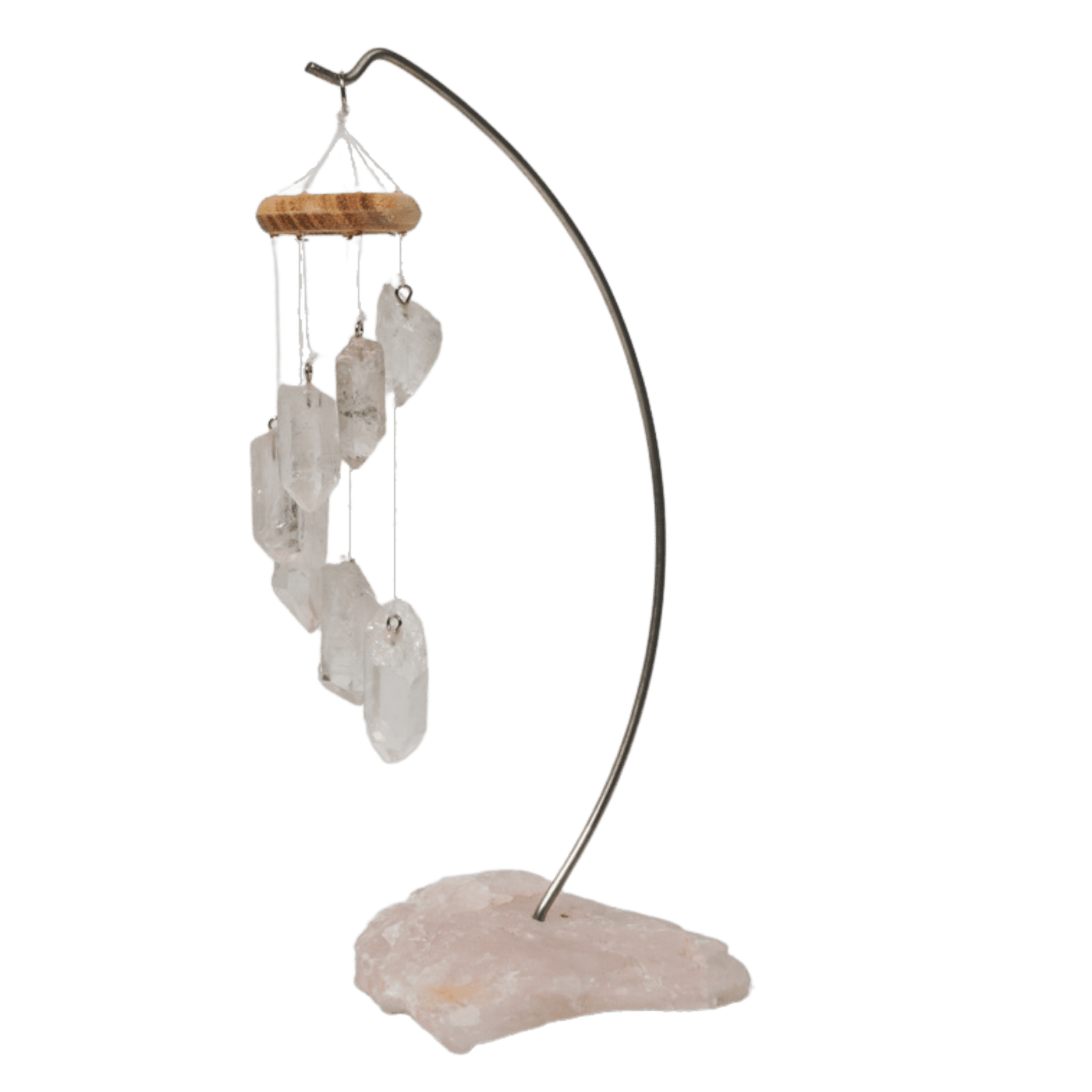 Closeup view of table top wind chime-style clear quartz mobile with raw rose quartz base by Energy Muse