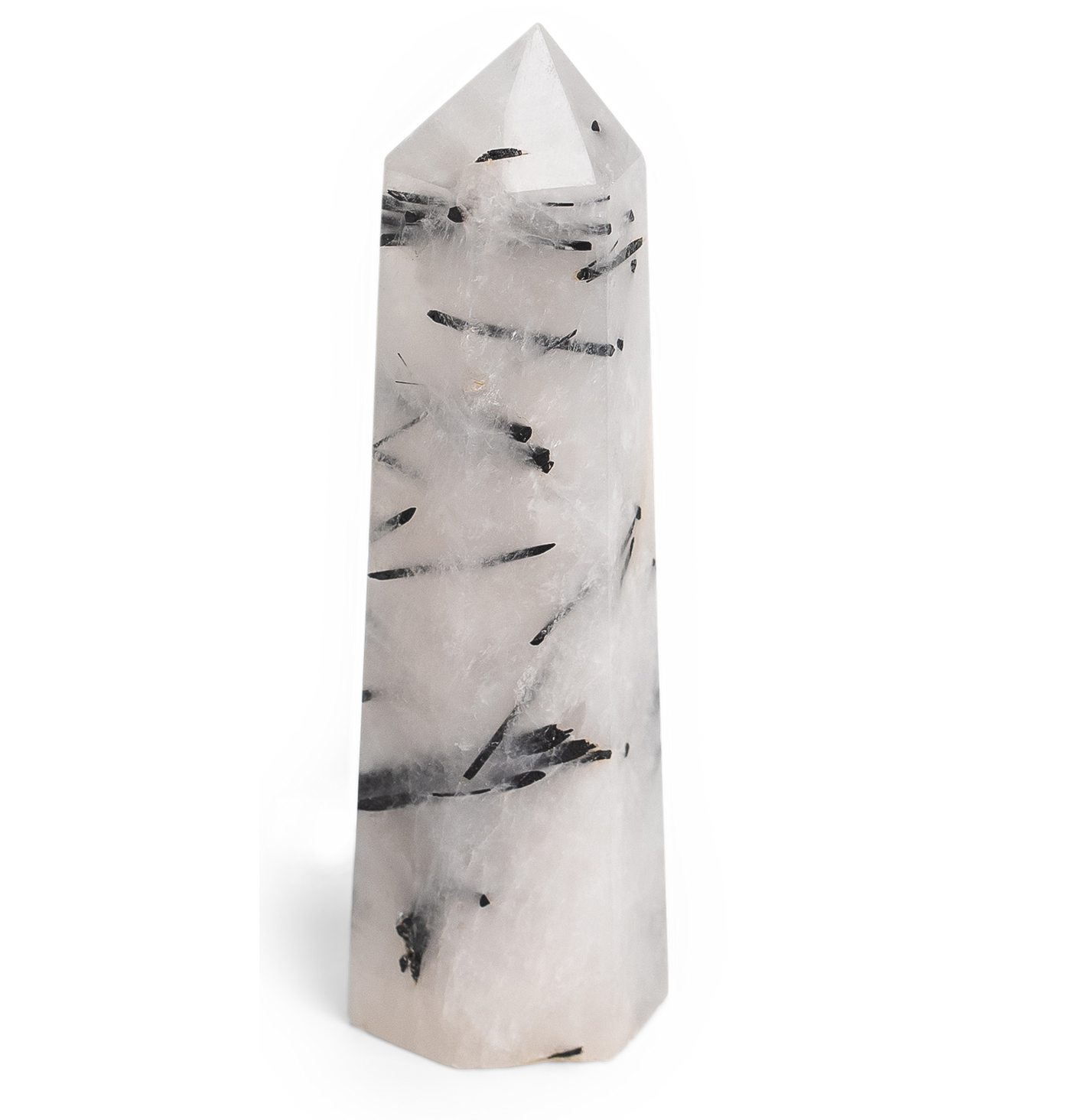 Faceted tourmalinated quartz point healing crystal from Energy Muse, featuring thin strip-look accents of Black Tourmaline