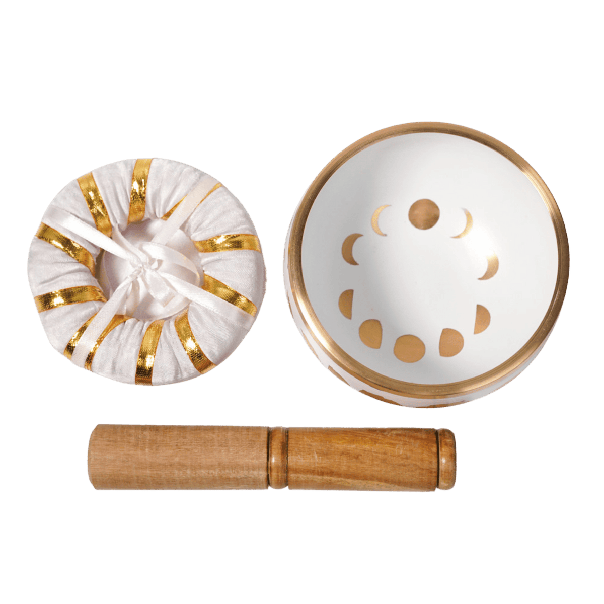 Top view of Hand painted White and gold foil Moon Phase Singing Bowl, pillow and wood stick by Energy Muse