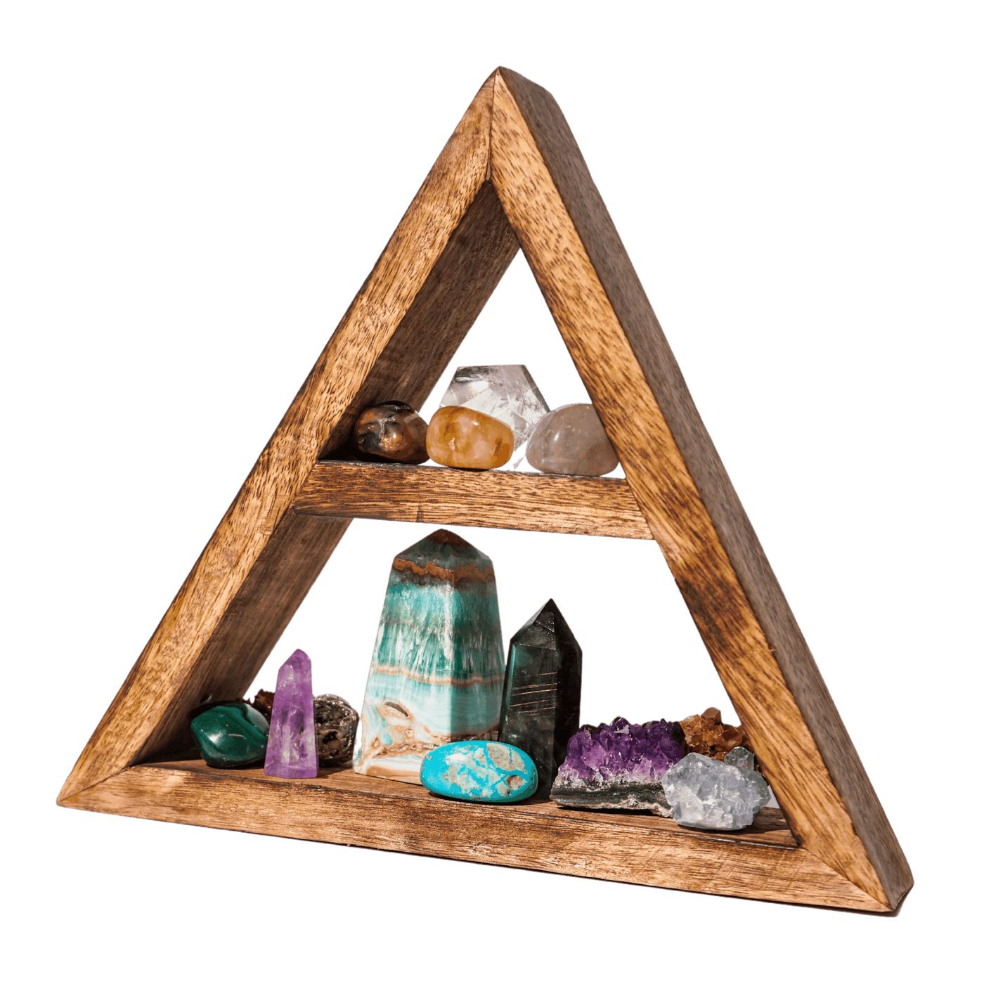 triangular pyramid display shelf for crystals from Energy Muse featuring multicolored crystals in different shapes and sizes.
