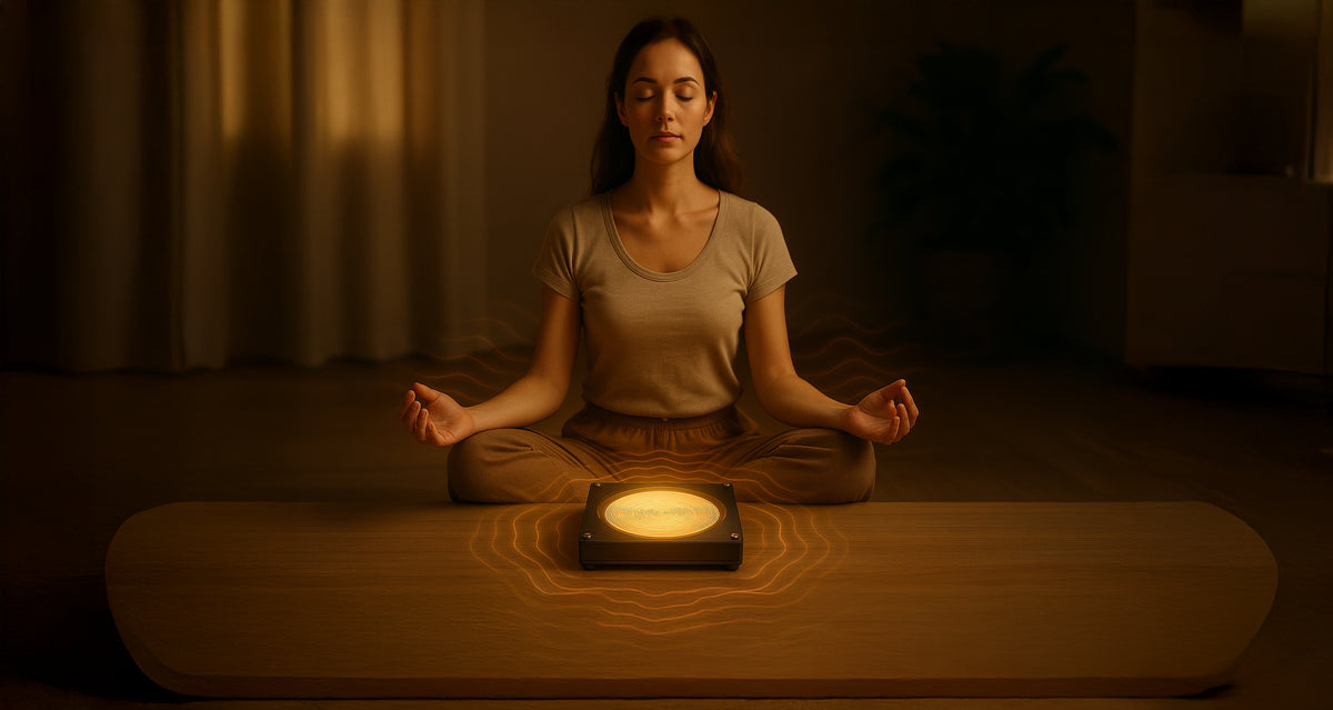 Energy Muse crystals and a candle arranged on a table